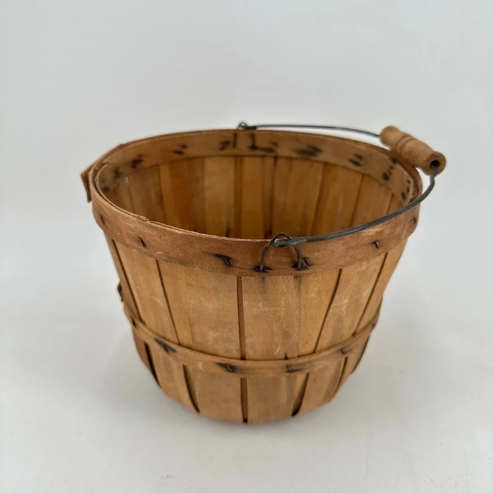 Vintage Wooden Slat Bushel Basket with Wire Handle Rustic Farmhouse Decor